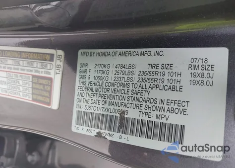 2019 Acura Rdx Advance Package z USA, uszkodzony, nr VIN 5J8TC1H7XKL006029